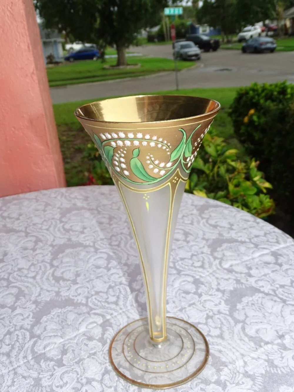 Art Deco Crystal Tall Vase Painted Gold with Lilies of the Valley 10 1/2